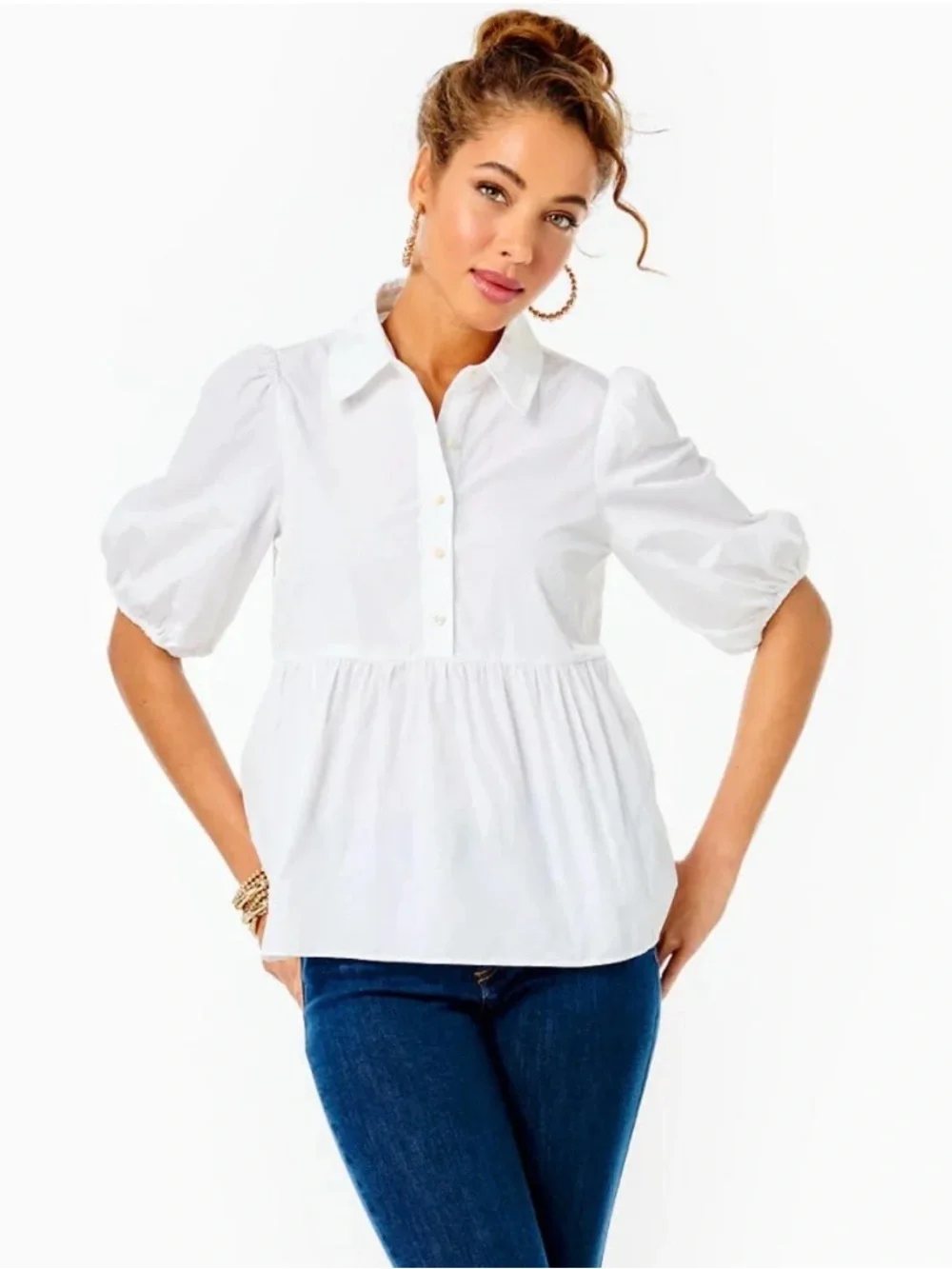 Lilly Pulitzer Puff-Sleeve Peplum Button Blouse